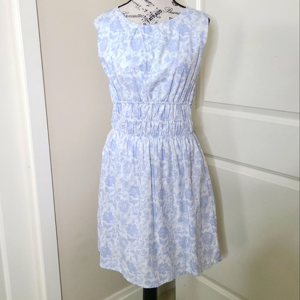 Priv x Fraiche Living Linen Dress Pretty  White &  Blue Floral  Lined Sleeveless